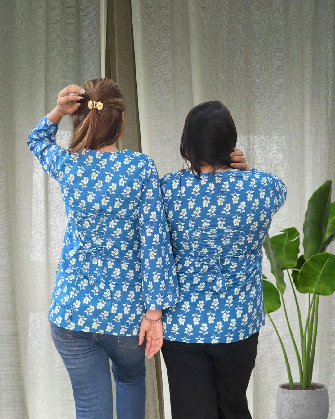 Blue Floral Cotton Short Kurti