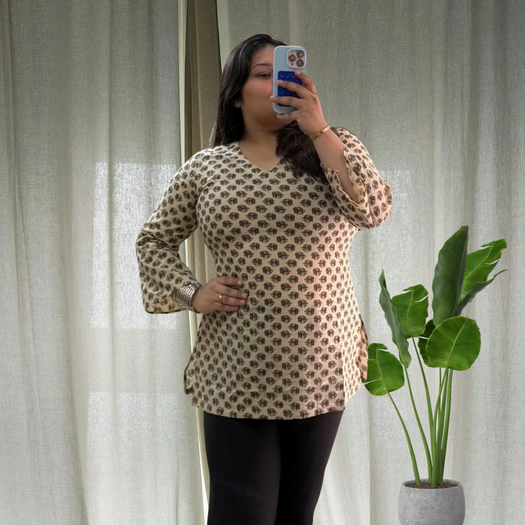 Beige Bell Sleeves Short Kurti