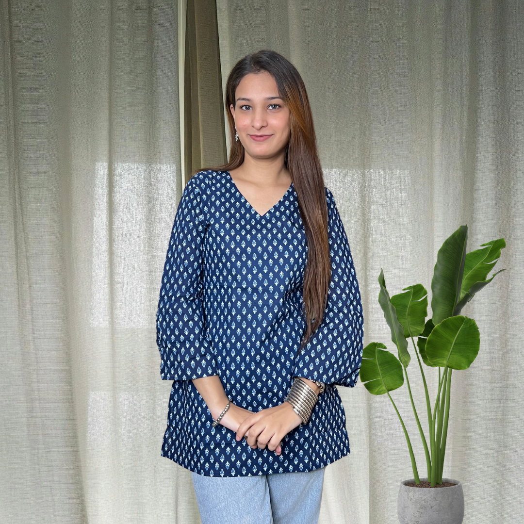 Navy Blue bell Sleeves Short Kurti