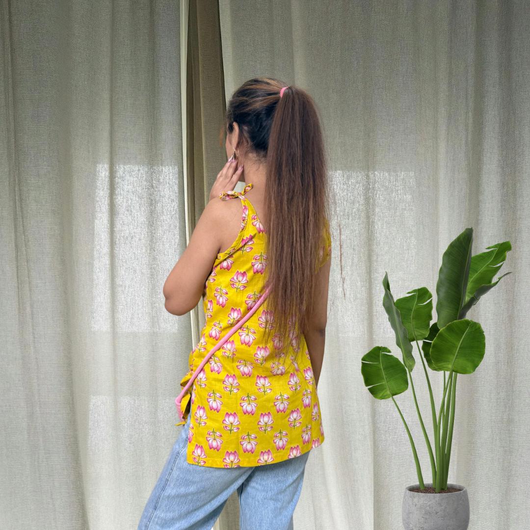 Yellow Lotus Spaghetti Strap Short Kurti