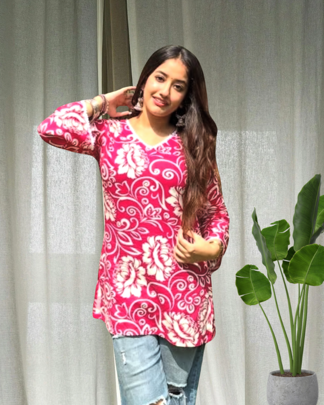 Magenta bell sleeves short Kurti