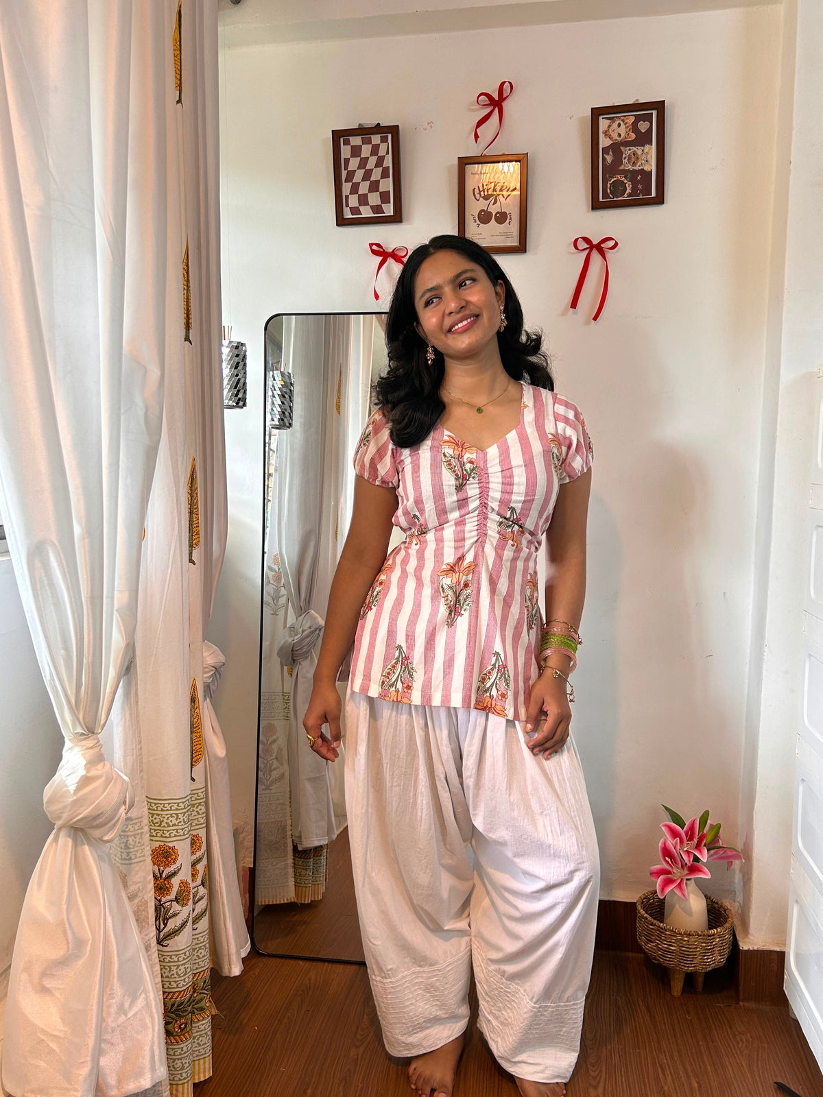Pink Striped Ruched Short Kurti