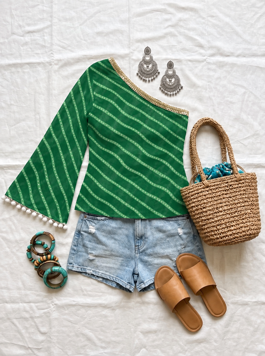Green Dotted Stripe Flared Sleeve Top