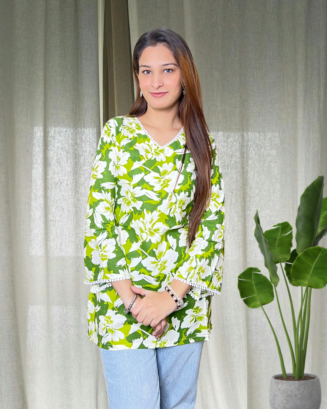 Green Bell sleeves short Kurti