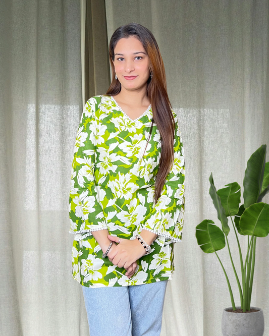 Green Bell sleeves short Kurti