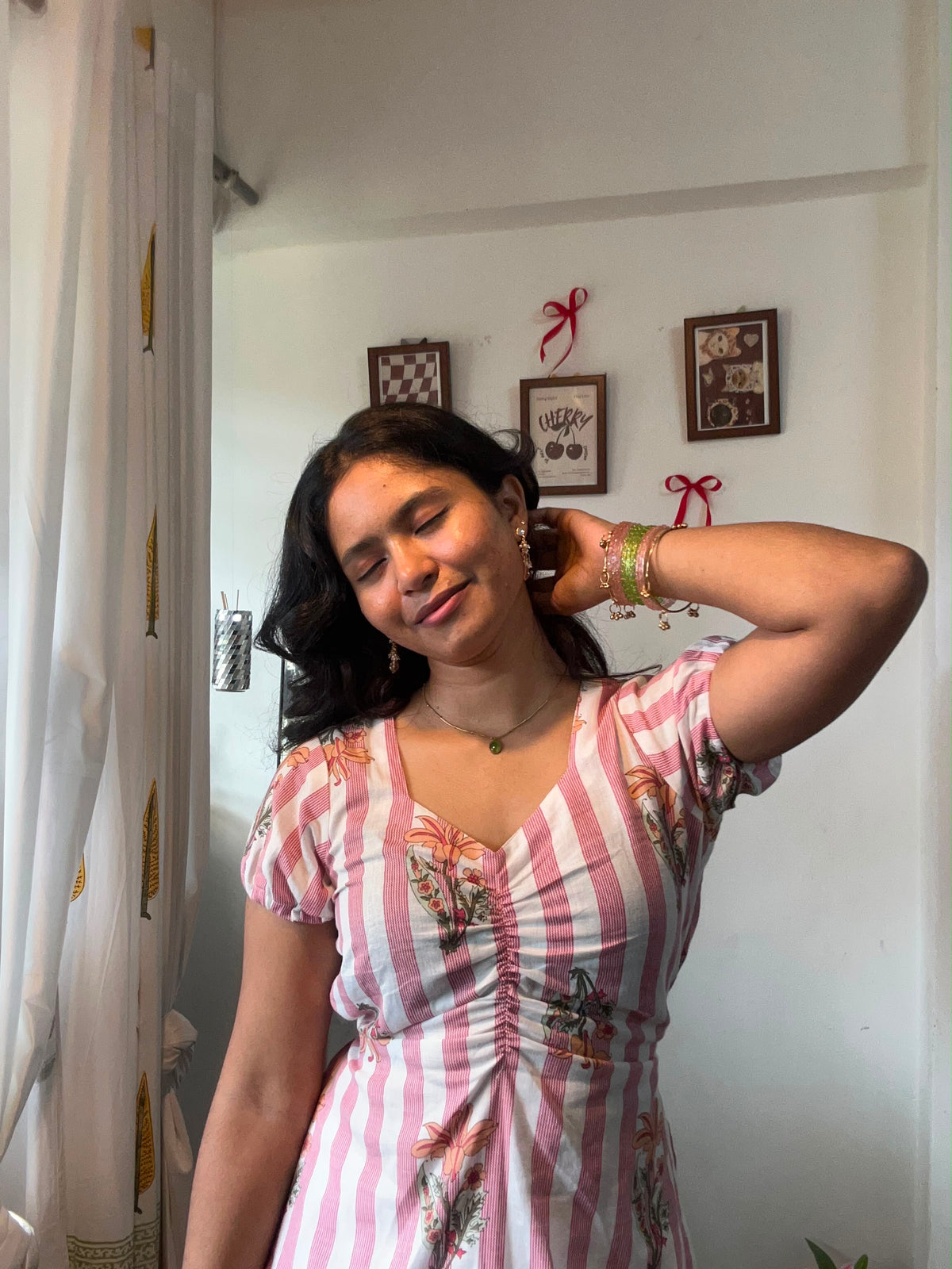 Pink Striped Ruched Short Kurti