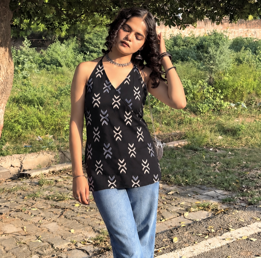 Black ikkat halter neck Kurti