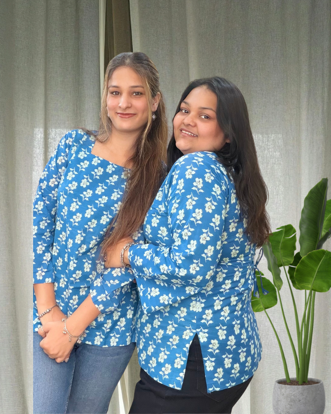 Blue Floral Cotton Short Kurti