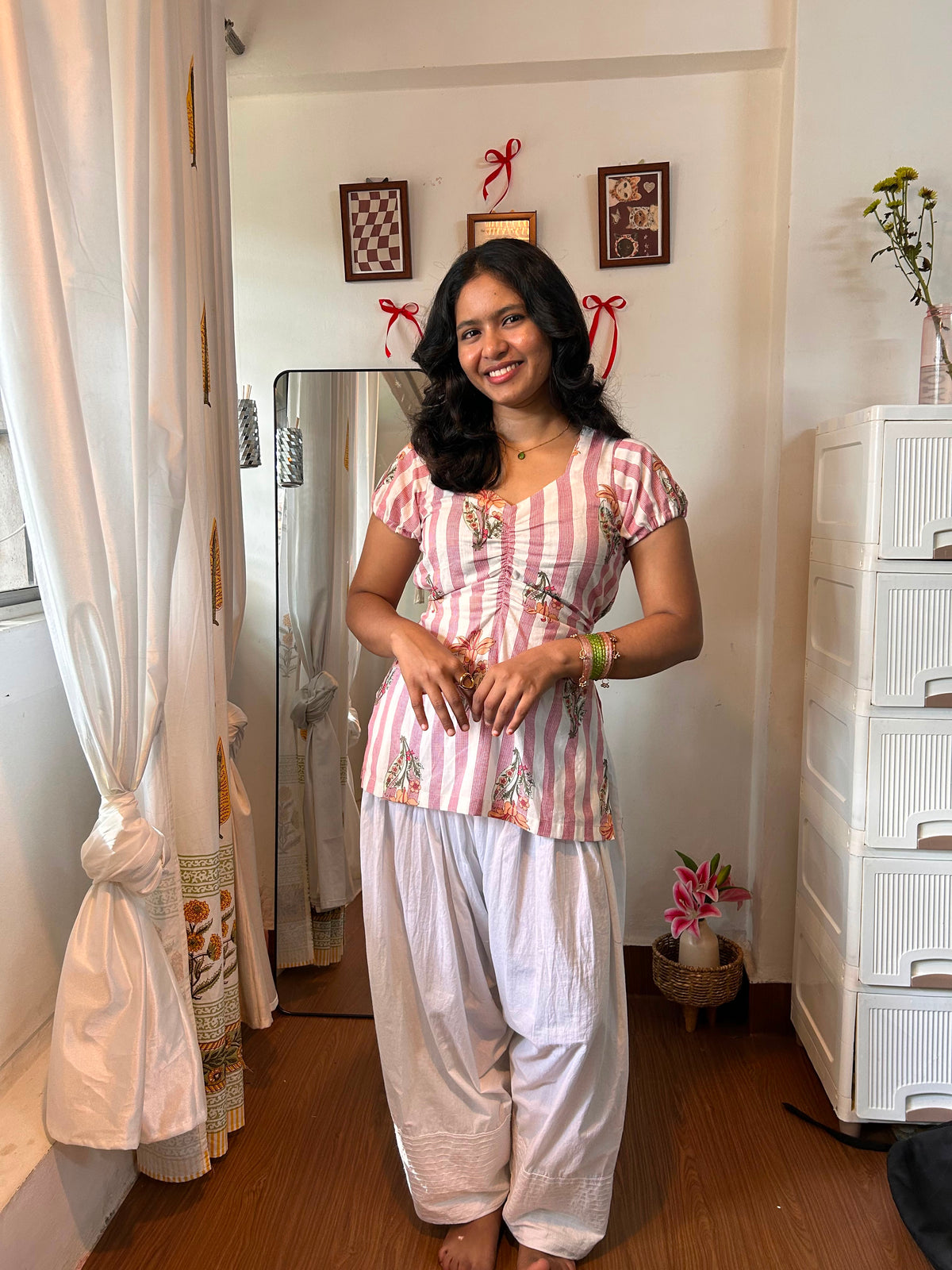 Pink Striped Ruched Short Kurti