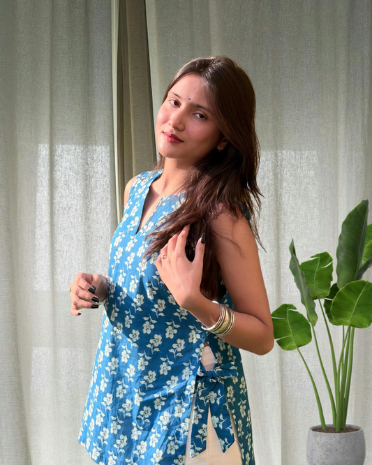 Blue Side Tie Short Kurti
