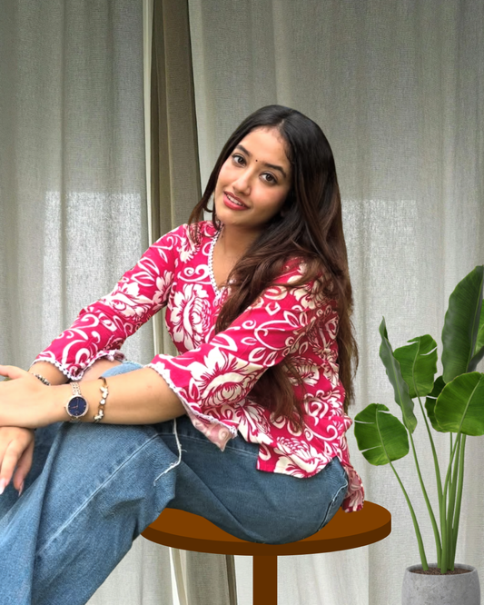 Magenta bell sleeves short Kurti