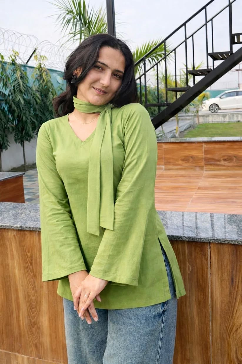 Sage green short Kurti with neck stole