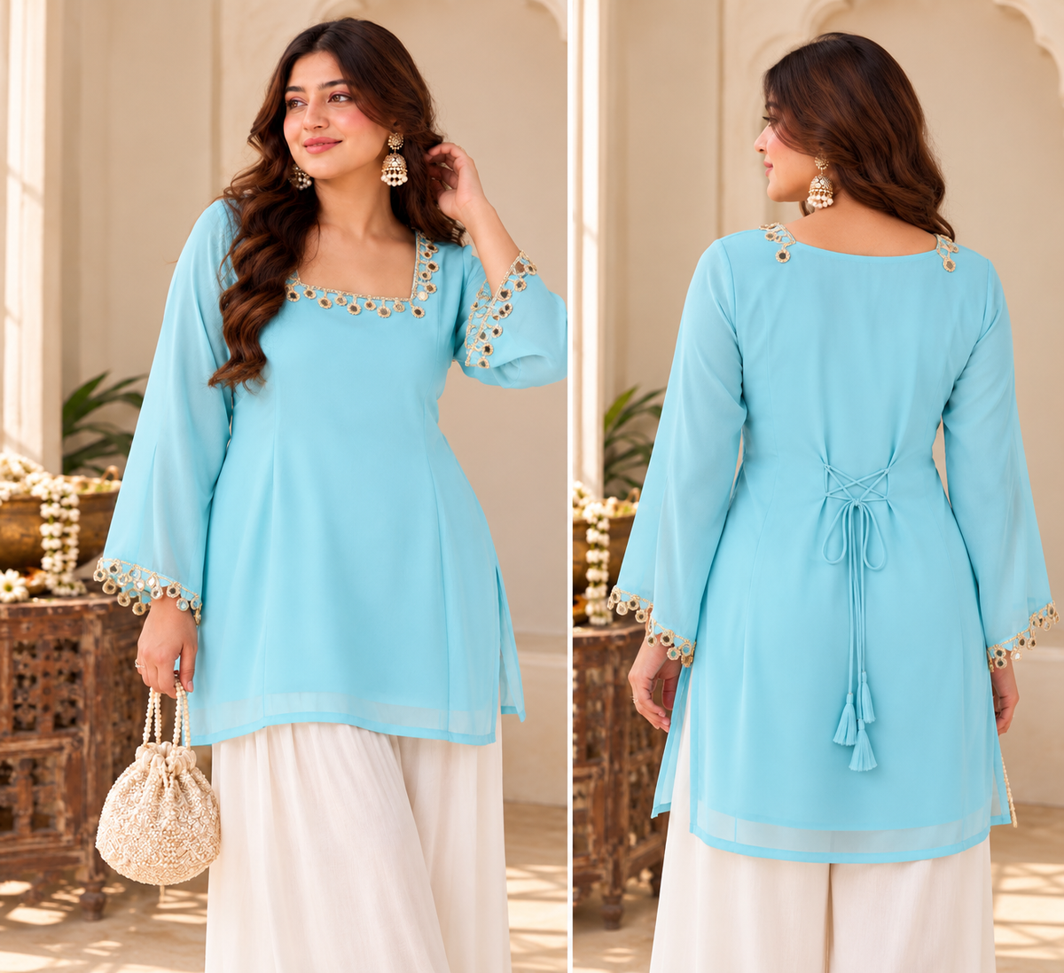 Powder Blue Lace Short Kurti