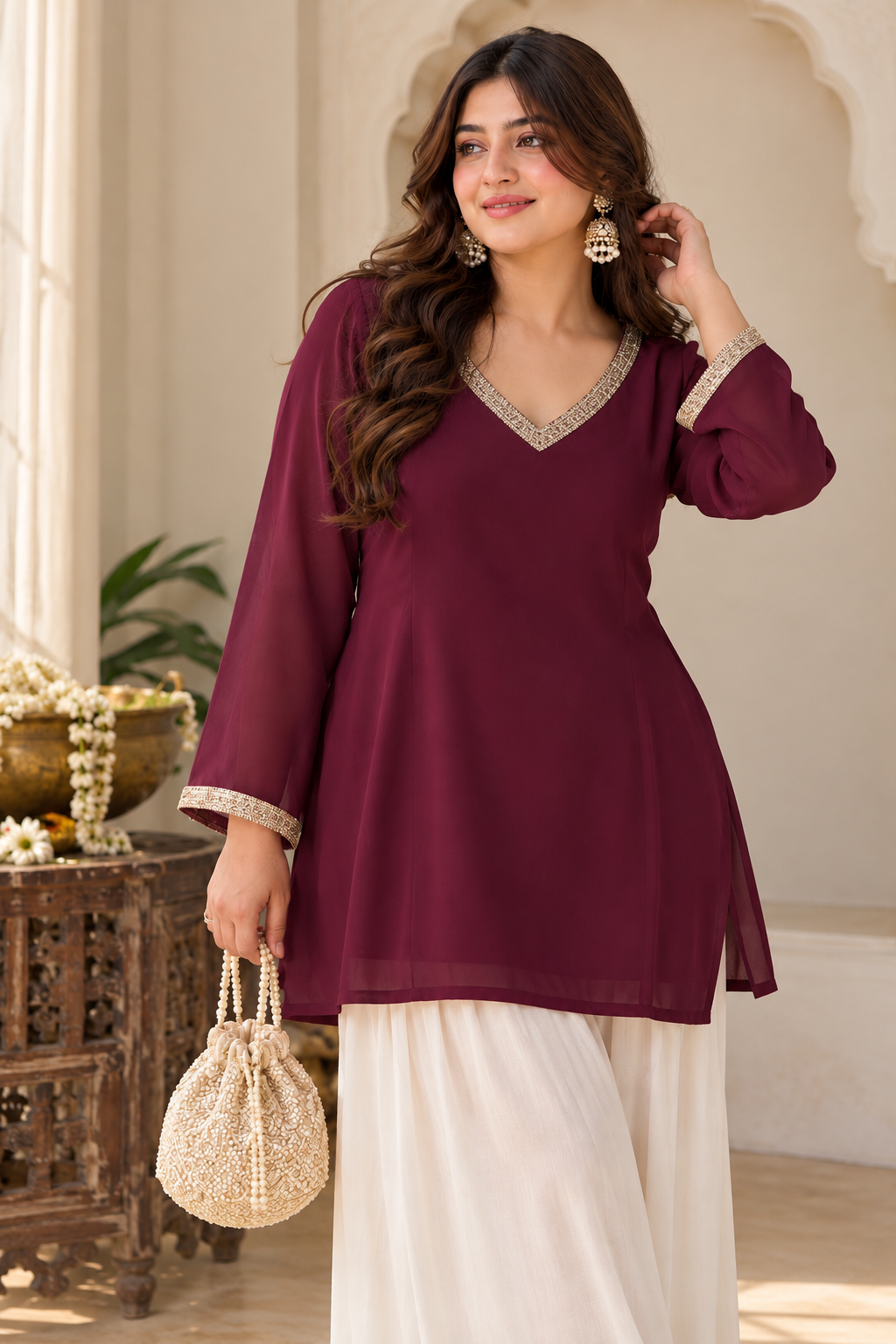 Wine Back Corset Short Kurti