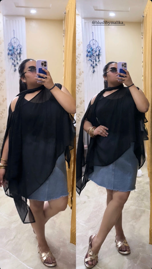 Black Georgette Cape Shirt with Neck Stole