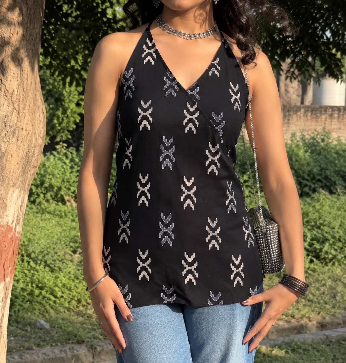 Black ikkat halter neck Kurti