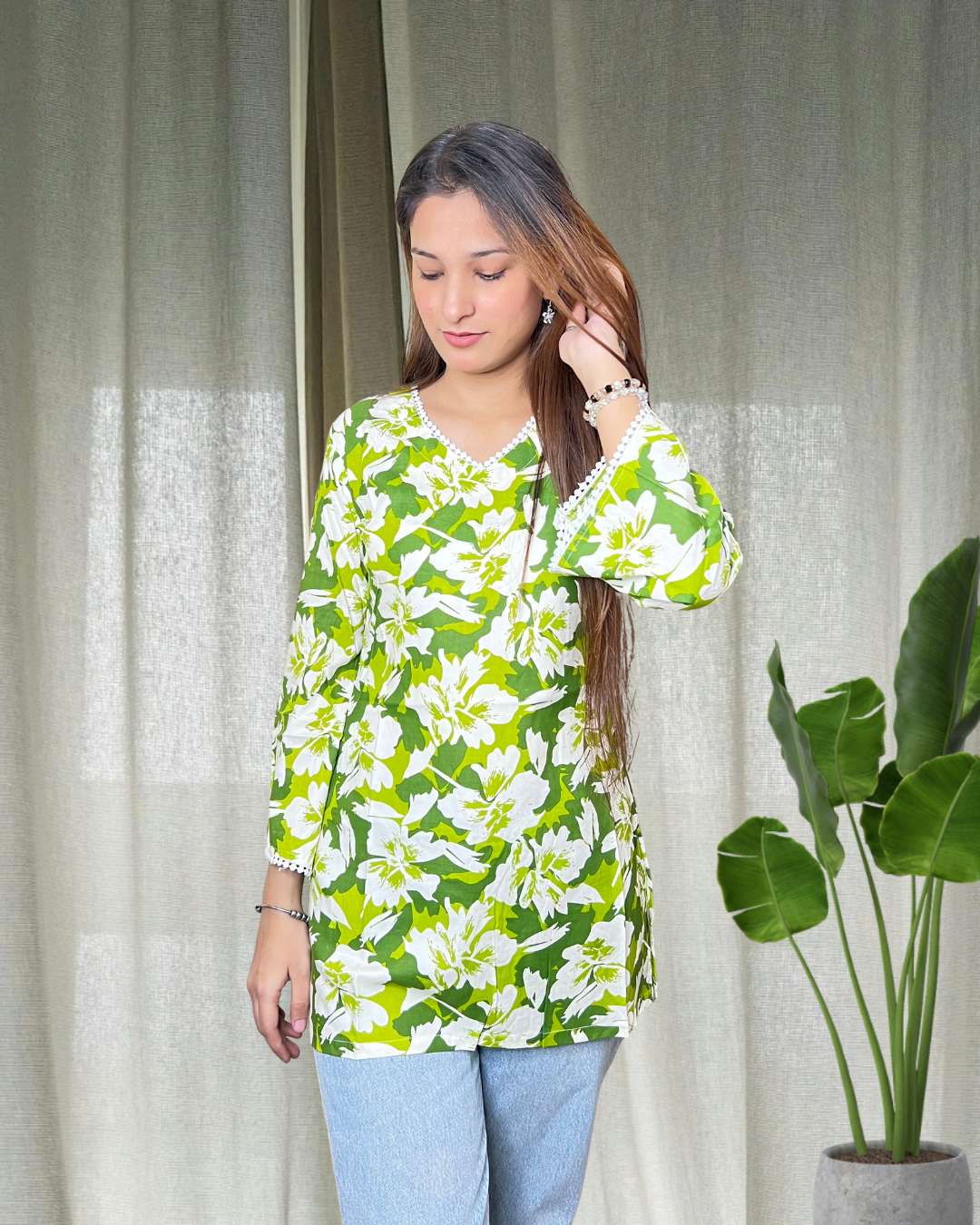 Green Bell sleeves short Kurti