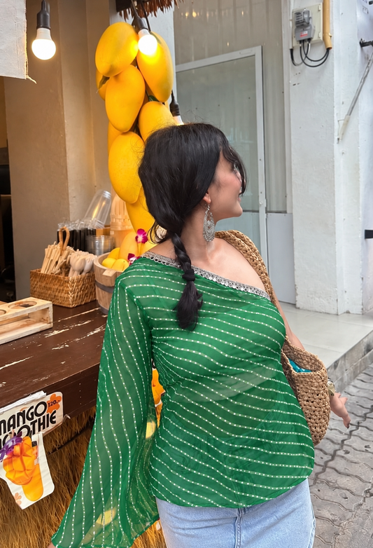 Green Dotted Stripe Flared Sleeve Top
