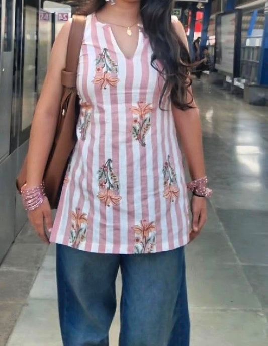 Pink Floral Stripe Sleeveless Kurti