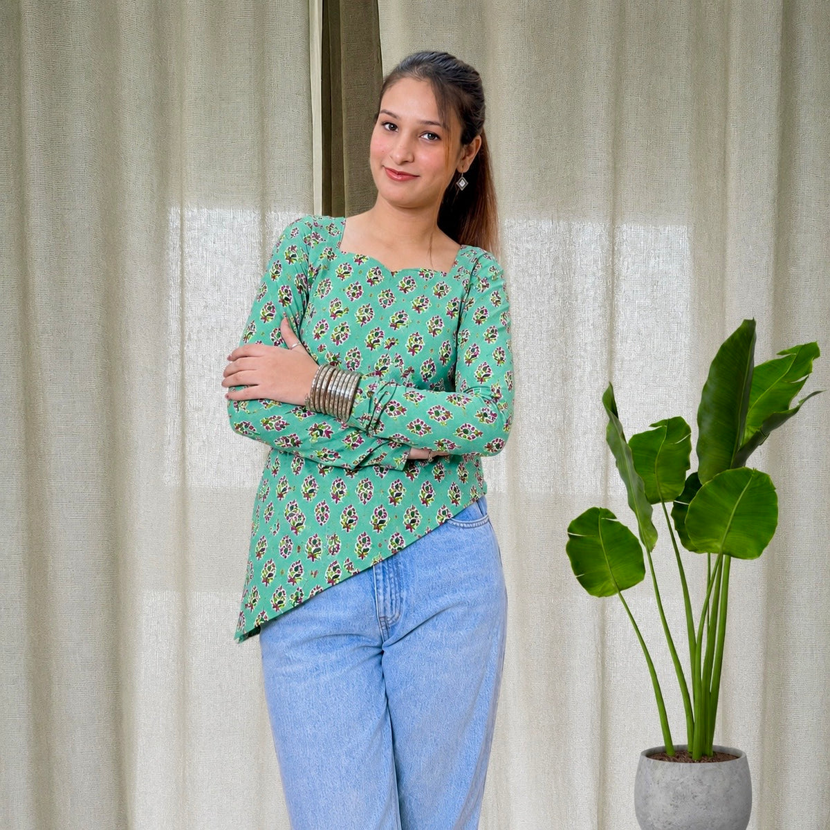 Green Side Slit Short Kurti