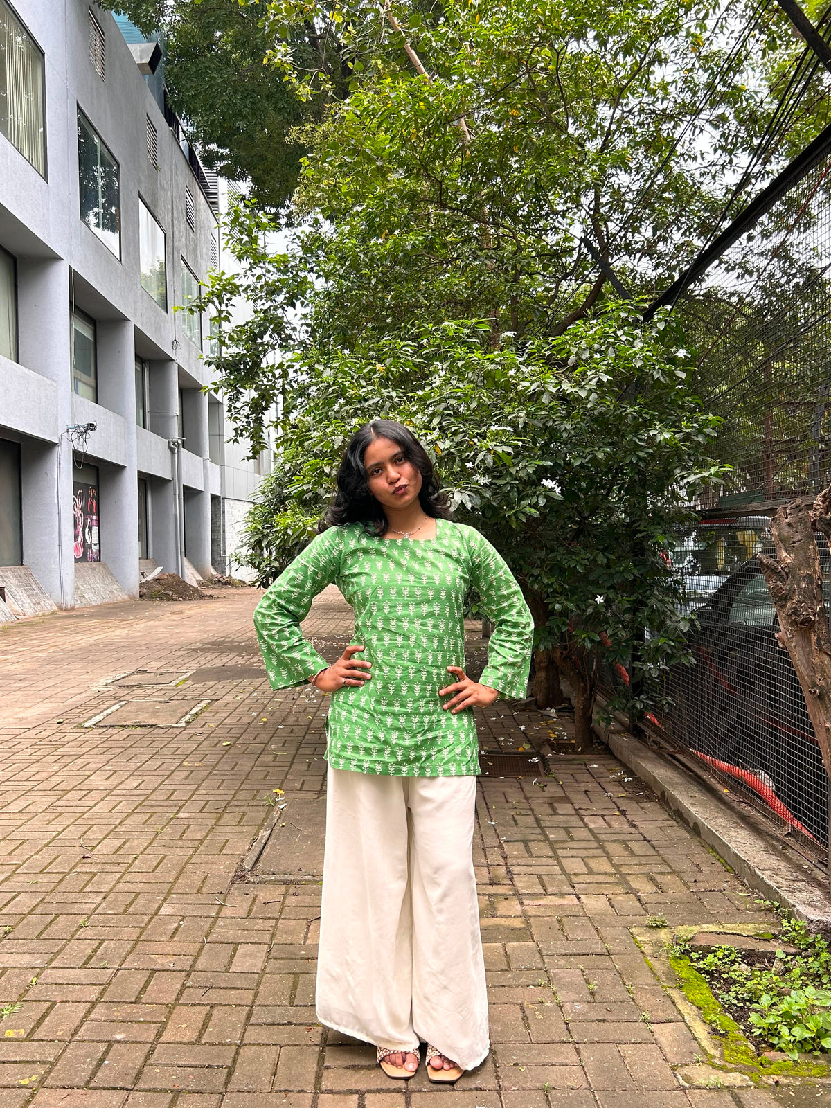 Green Leaf Cotton Short Kurti
