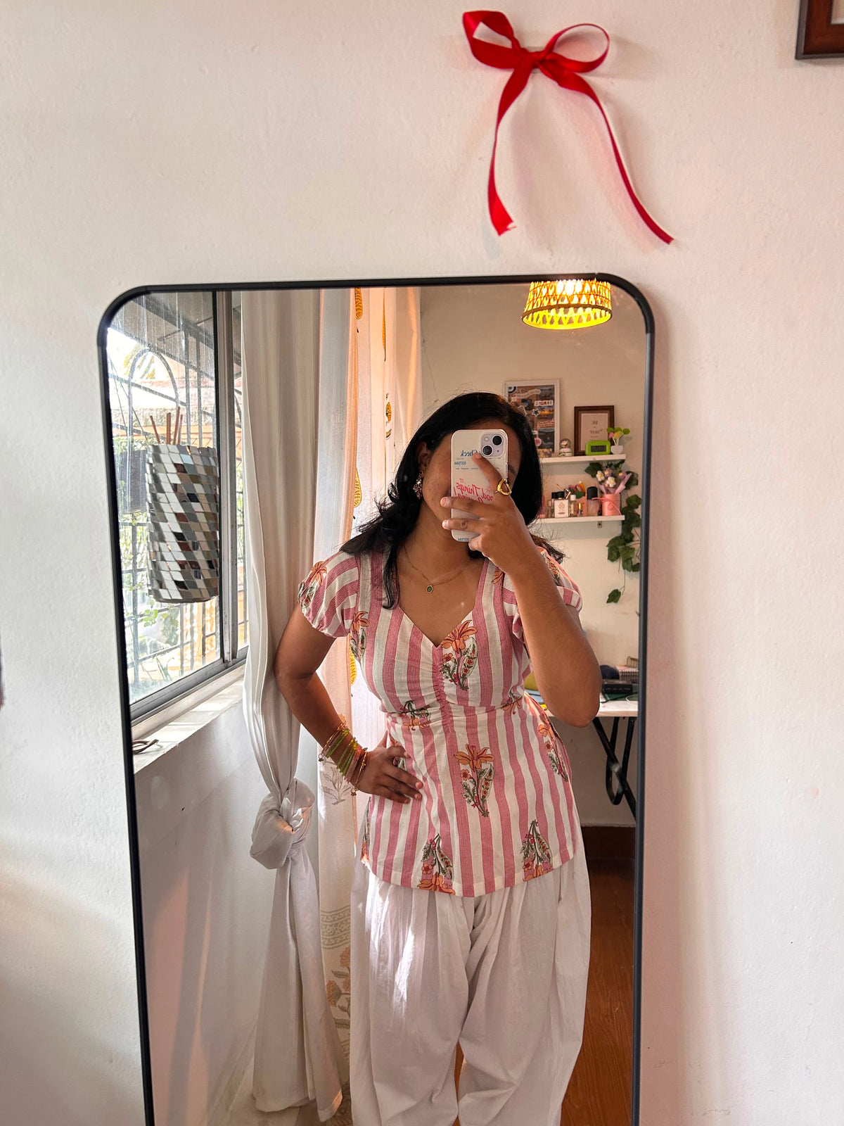 Pink Striped Ruched Short Kurti