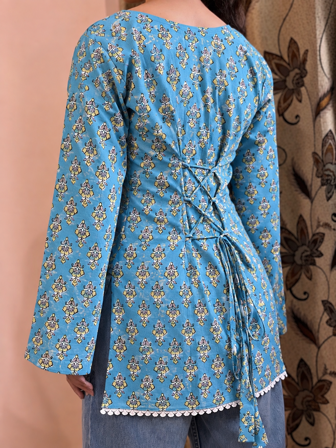 Aasmani back corset short Kurti