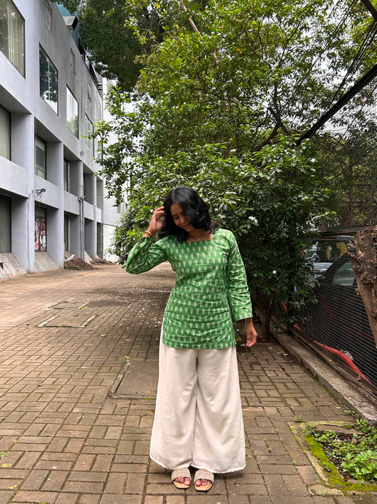 Green Leaf Cotton Short Kurti