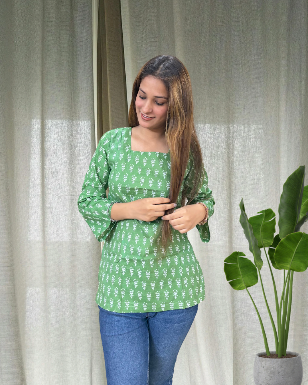 Green Leaf Cotton Short Kurti