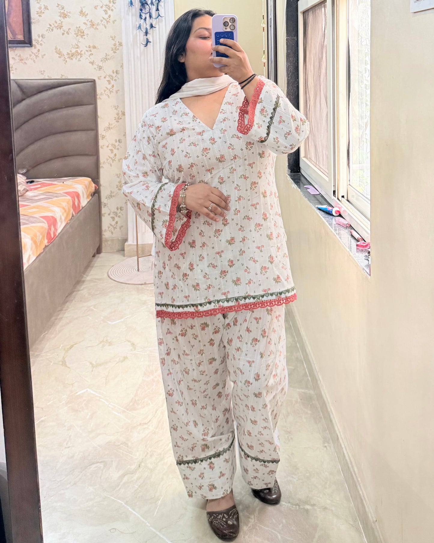 Ivory Floral Pure Cotton Farshi Set with Dupatta