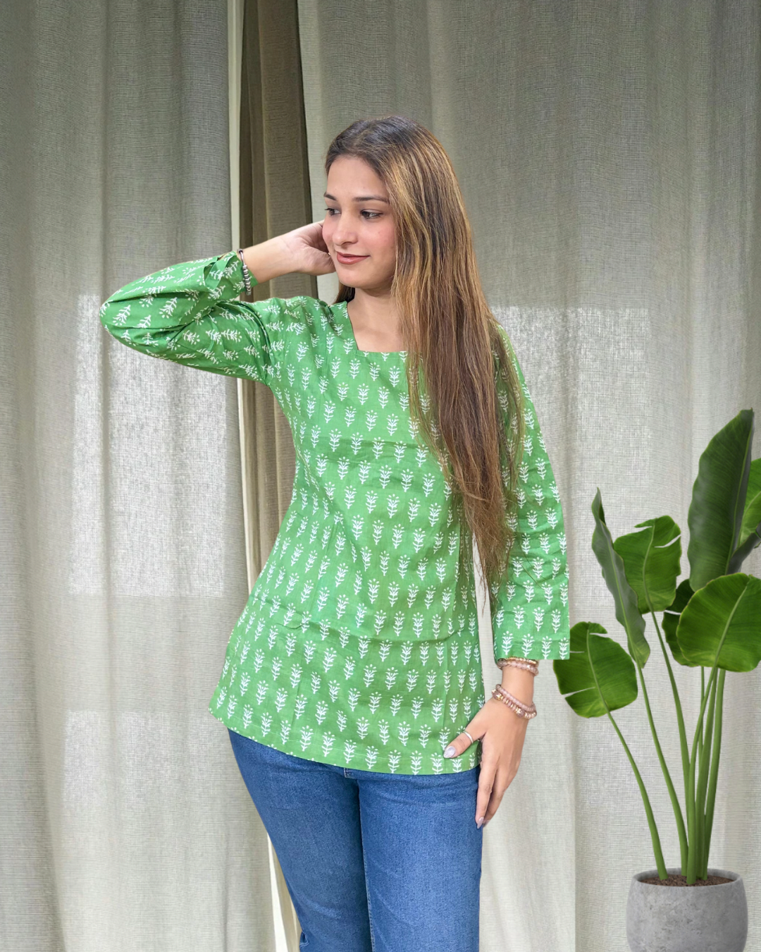 Green Leaf Cotton Short Kurti