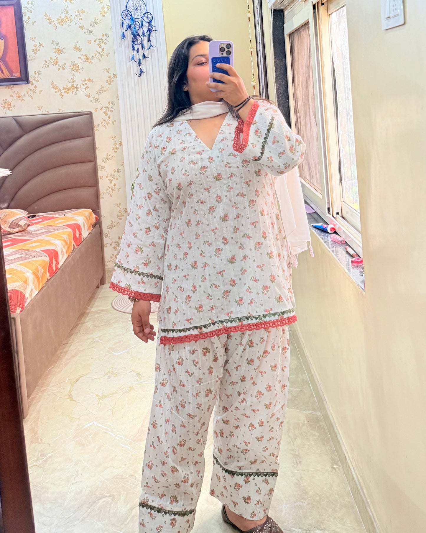 Ivory Floral Pure Cotton Farshi Set with Dupatta