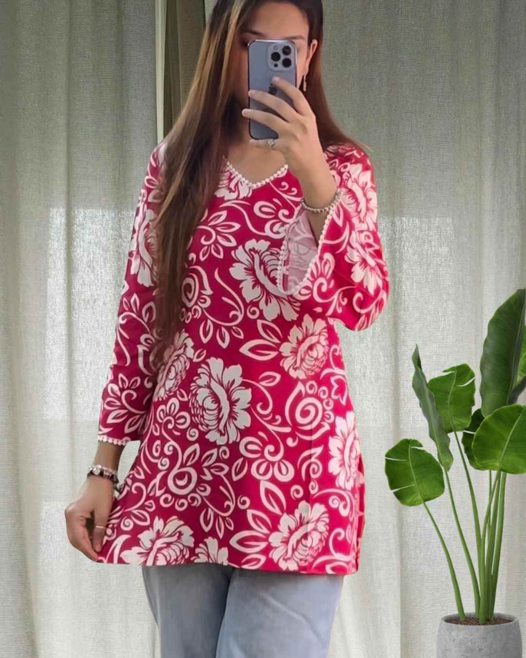 Magenta bell sleeves short Kurti