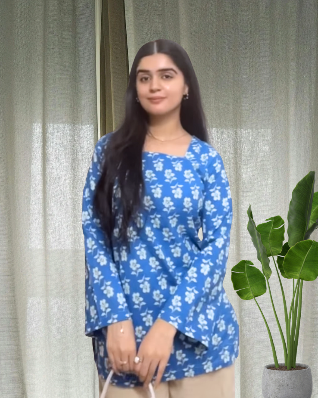 Blue Floral Cotton Short Kurti