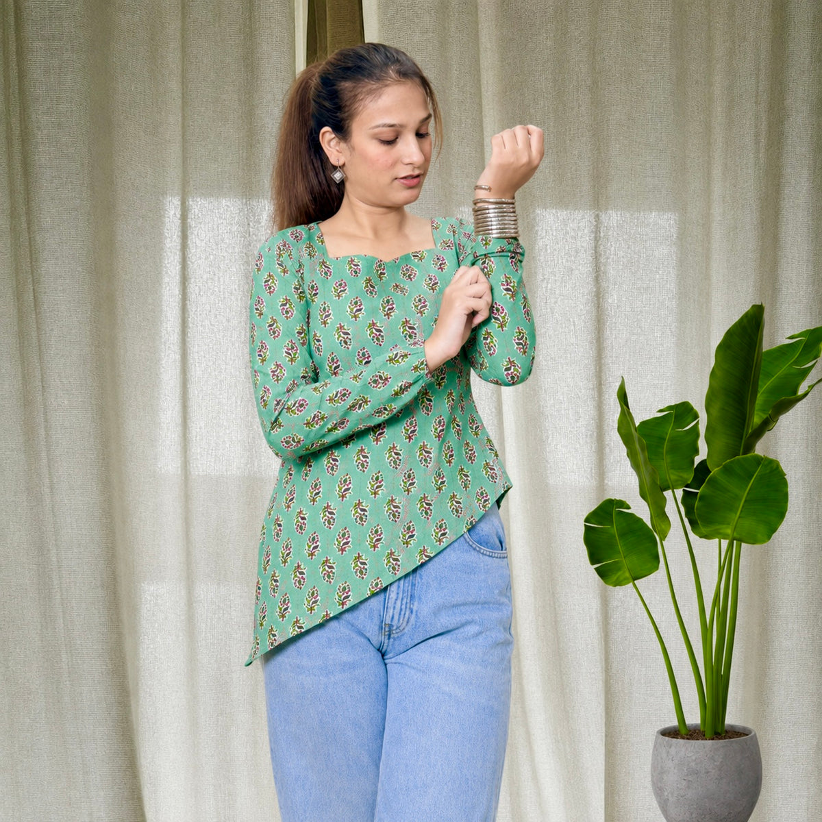 Green Side Slit Short Kurti