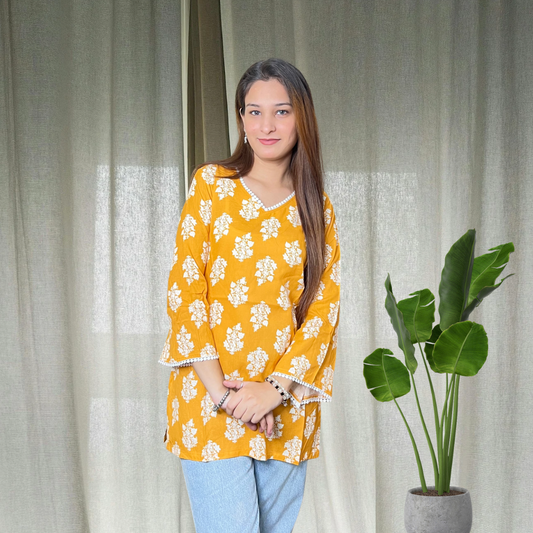 Mustard Bell Sleeves Short Kurti