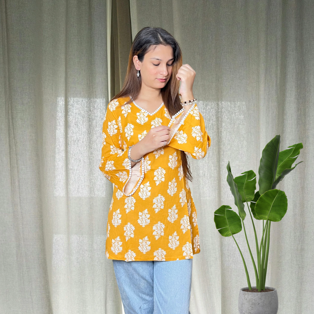 Mustard Bell Sleeves Short Kurti