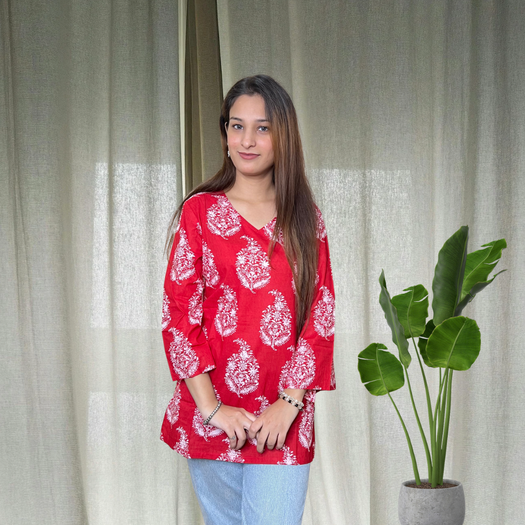 Red Bell sleeves Short Kurti