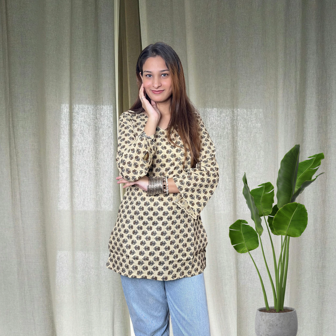 Beige Bell Sleeves Short Kurti