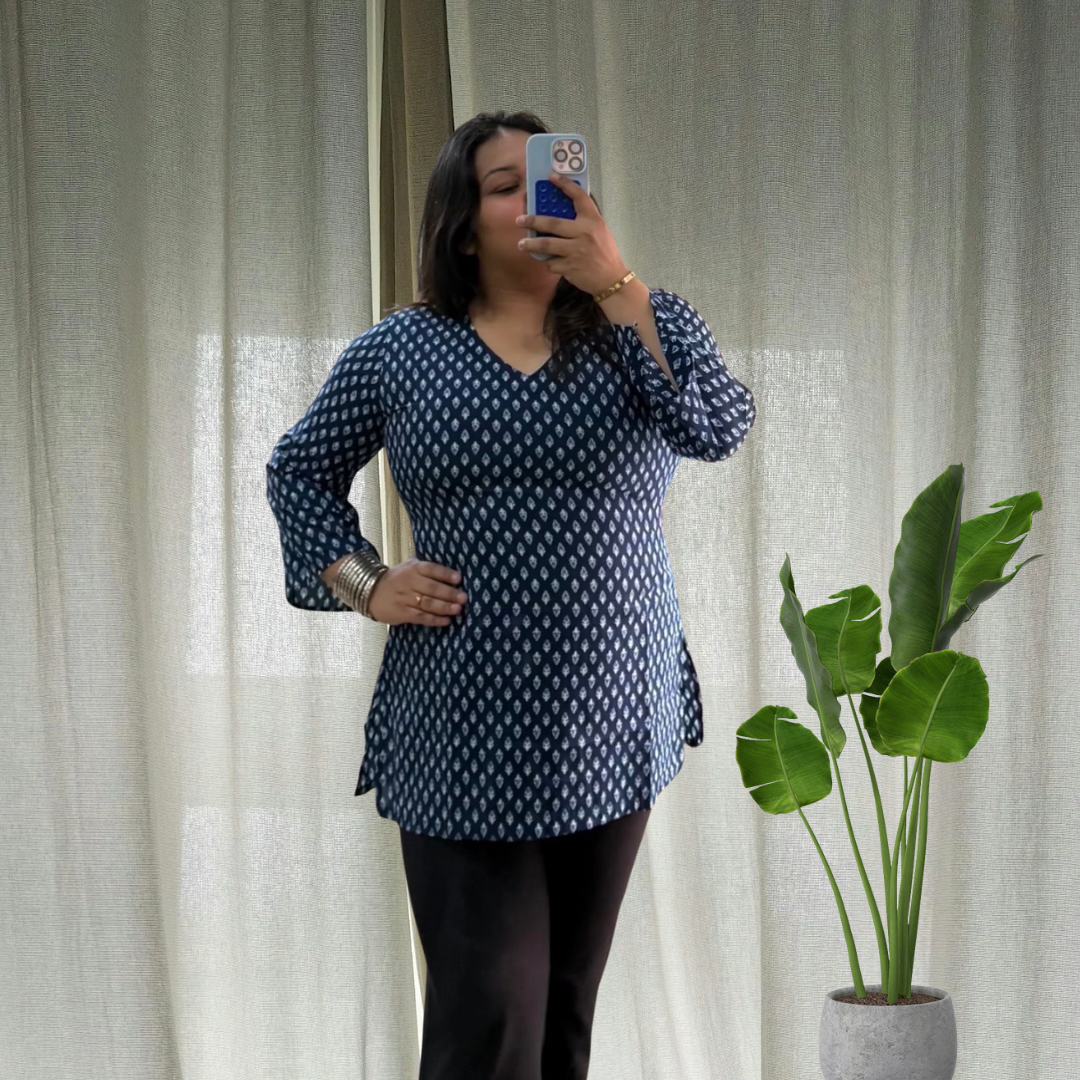 Navy Blue bell Sleeves Short Kurti