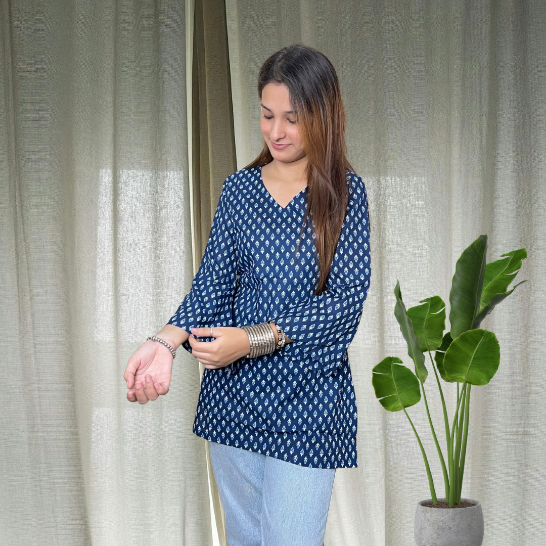 Navy Blue bell Sleeves Short Kurti