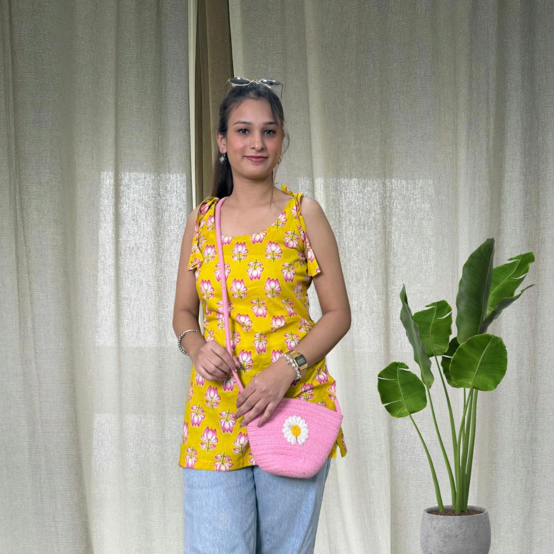Yellow Lotus Spaghetti Strap Short Kurti