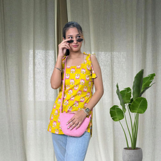 Yellow Lotus Spaghetti Strap Short Kurti