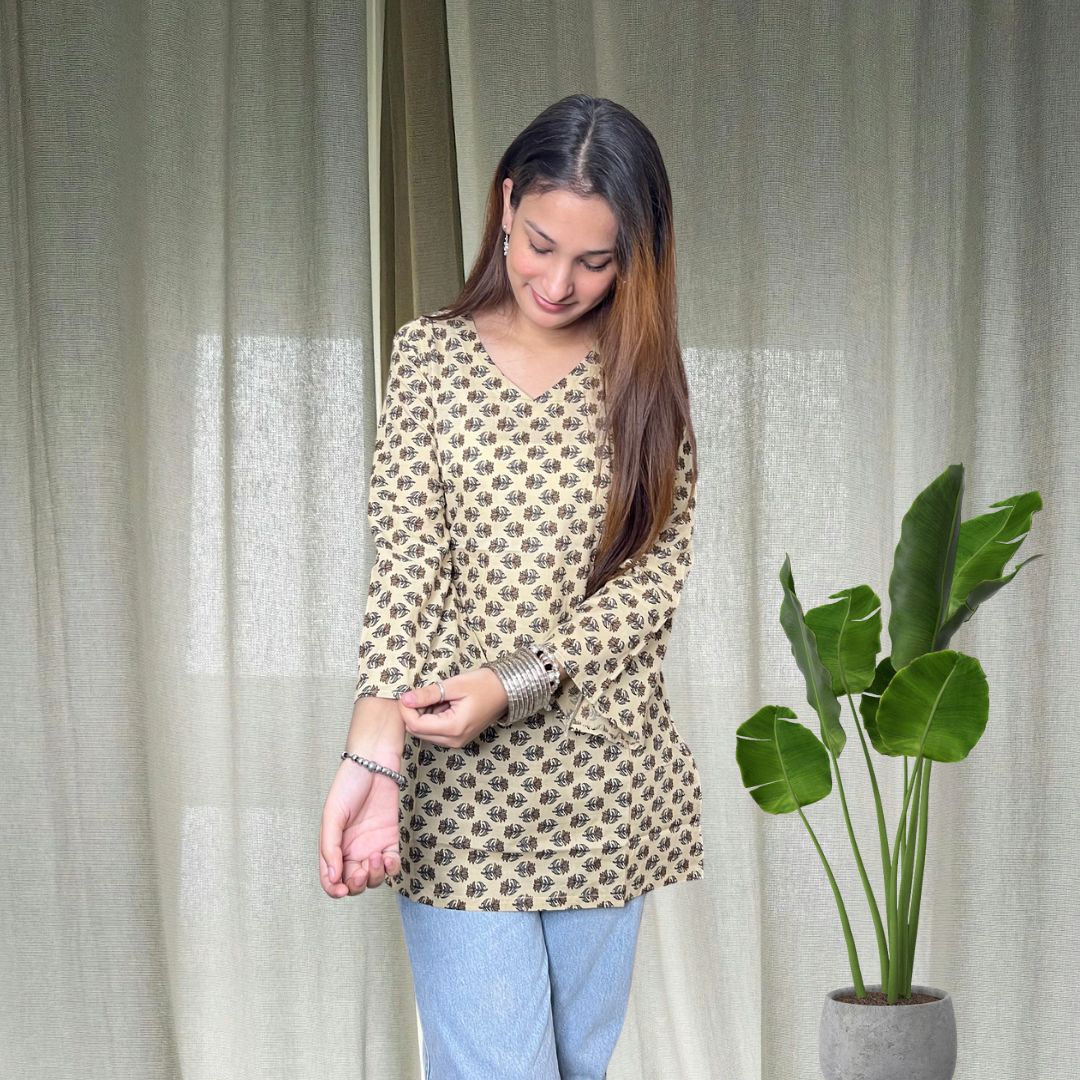 Beige Bell Sleeves Short Kurti